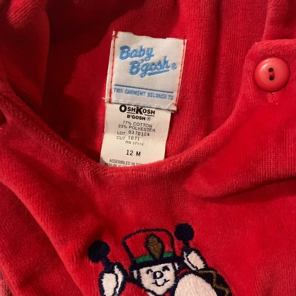 OshKosh B'gosh Red Velour Drummer Boy Embroidered Overalls Christmas Holiday 12m